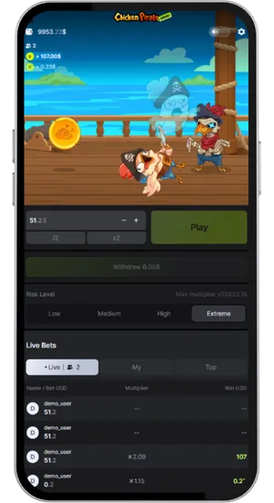 Chicken character defeated by enemy on ship deck ending the round in Extreme mode with full bet history visible in the Live Bets panel