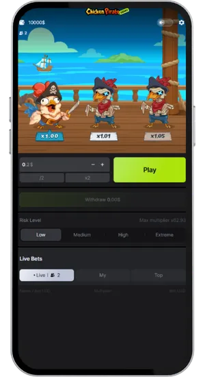 Chicken Pirate mobile interface on game start showing three chicken characters on a ship deck with bet controls and Low risk mode selected