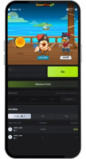 Extreme difficulty mode selected with high stake amount entered and Withdraw button showing accumulated payout available to collect