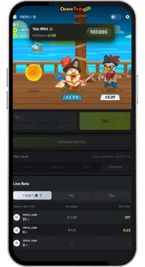 Large win confirmation popup at Extreme difficulty level showing final multiplier and total payout amount with Live Bets history updated