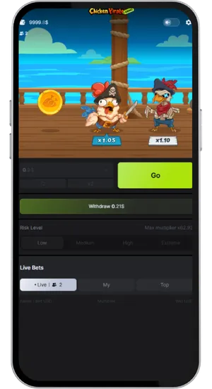 Mid round gameplay with two chicken characters remaining on deck, active multipliers visible and Withdraw button displaying current payout