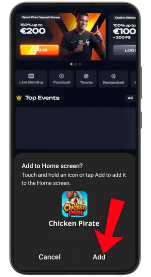 Selecting Add to Home Screen in Chrome and confirming to place the Chicken Pirate icon on the Android home screen