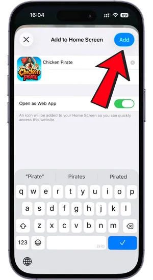 Scrolling through the Safari share sheet and tapping Add to Home Screen to create a Chicken Pirate shortcut