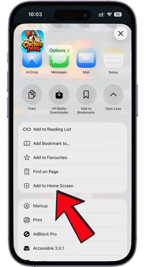 Pressing the Share icon at the bottom of the Safari toolbar to open the share menu on iPhone