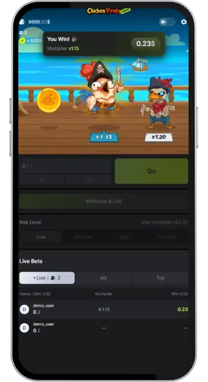 Win notification popup appearing after cash out at Low risk mode showing multiplier result and updated Live Bets panel below
